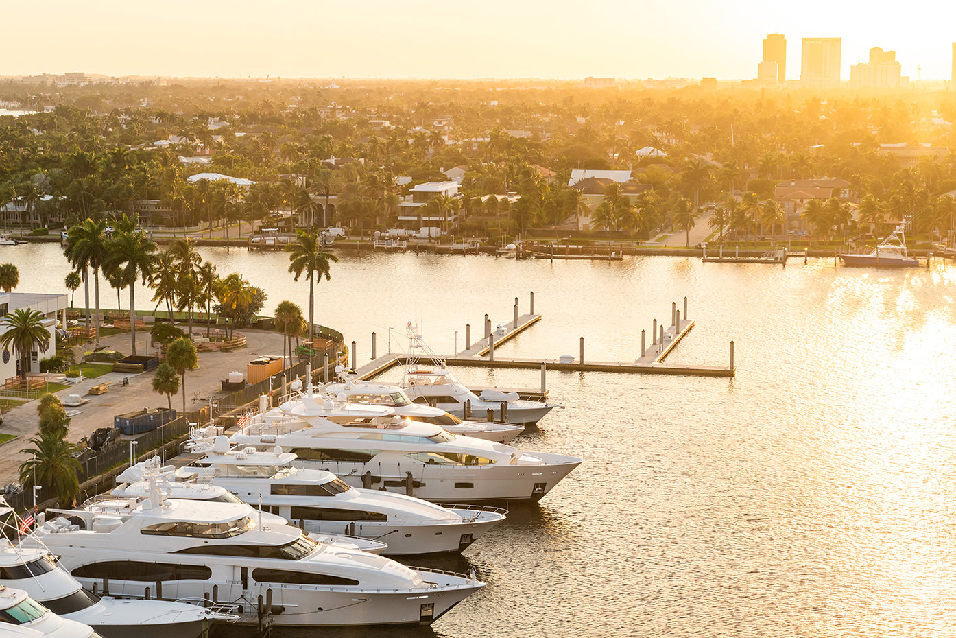 Yachts docked along the Intracoastal Waterway in Fort Lauderdale at sunset